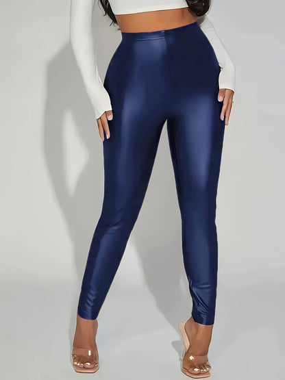 Plus Size Chic Faux Leather Leggings - Sleek, Stretchy & Comfortable, Solid Color Skinny Pants Casual Wear Leggings