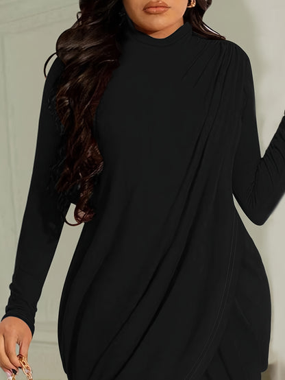 Plus Size Elegant Bodycon Dress with Cross Detail - Polyester Blend, Crew Neck, Long Sleeve, Solid Color, Medium Stretch, Knit Fabric for Fall/Winter - Stylish & Elegant Collection