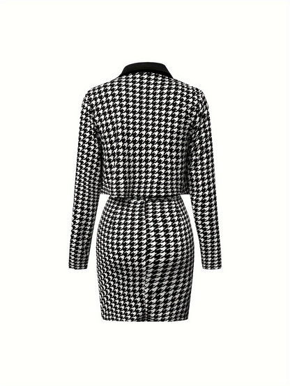 Chic Long Sleeve Y2K Houndstooth Two-Piece Outfit for Women - LuxyXO