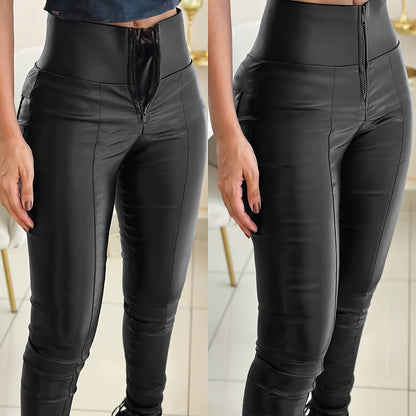 Women's High-Waist PU Leather Leggings with Front Zipper, Tummy Control