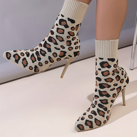 Women's Leopard Print Sock Boots, Slip On High-top Point Toe Stiletto Heel Non-slip Sock Shoes, Versatile Comfy Shoes