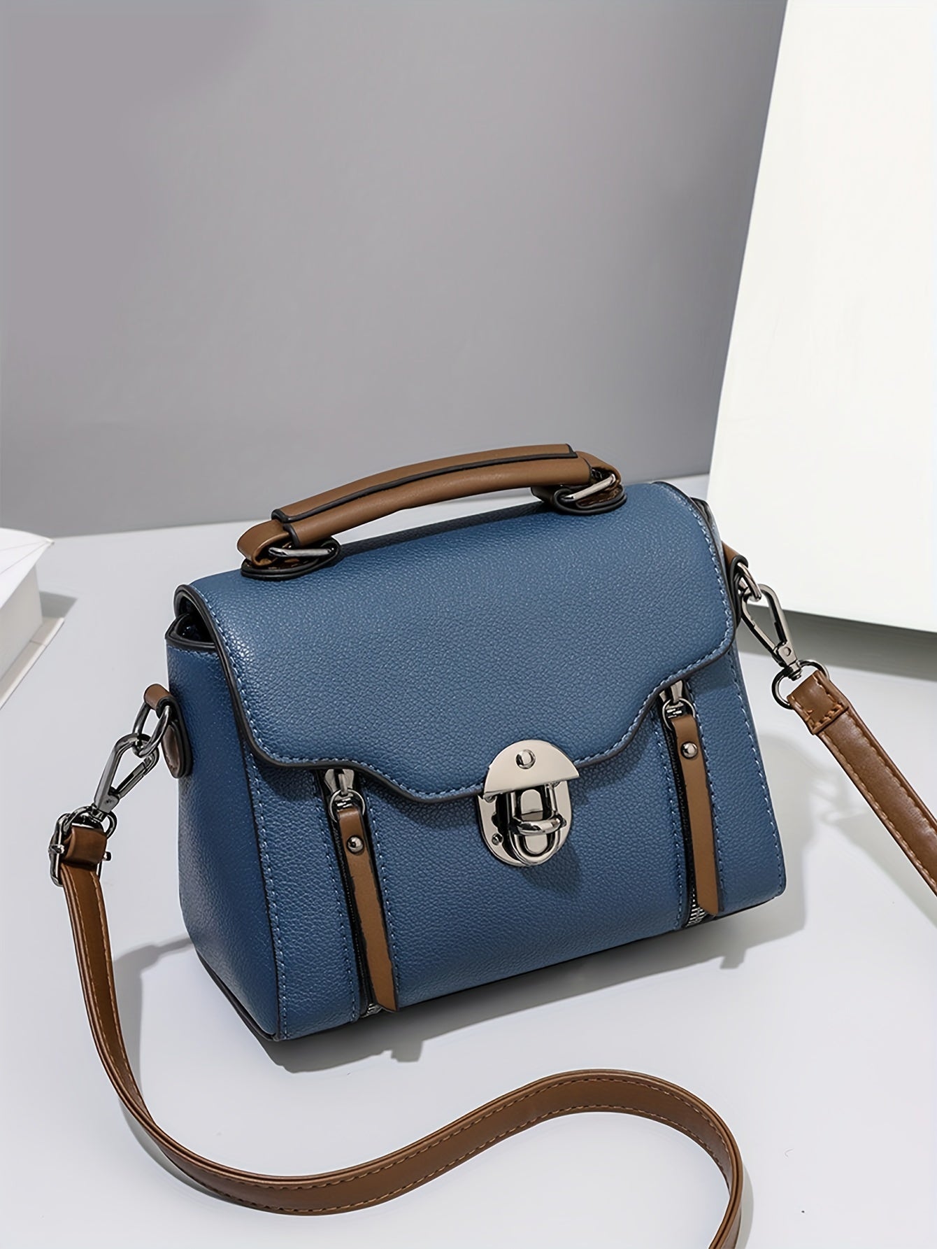 Retro Buckle Handbag For Women, Color Contrast Crossbody Bag,