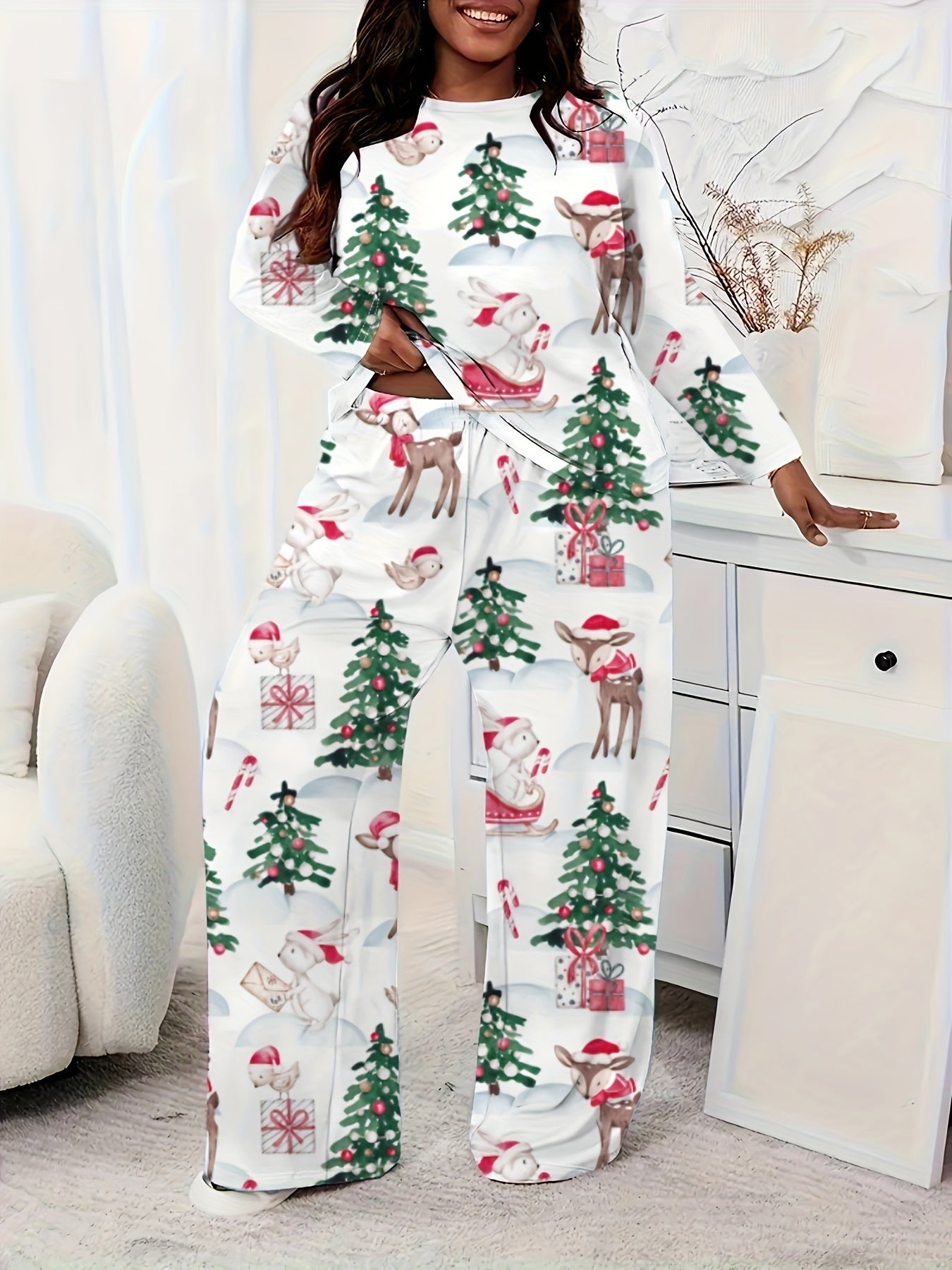 Women'S Plus Size Christmas Print Casual Long Sleeve Set, Polyester Knit Fabric, Round Neck, Full-Body Print, Comfort Fit, Lounge Wear