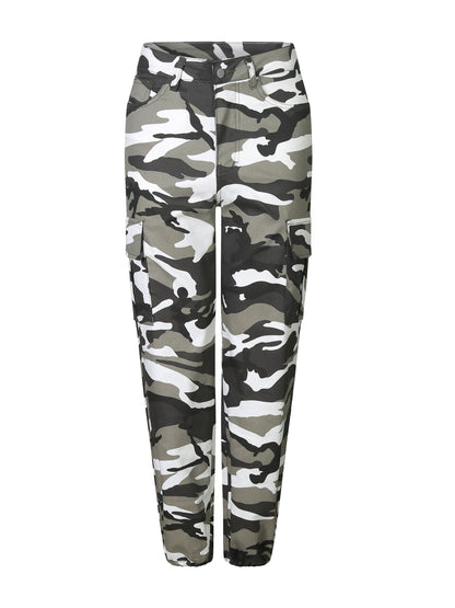 Women's Plus Size Camo Cargo Pants - Stretch Denim with Flap Pockets, Casual Streetwear Style, Machine Washable