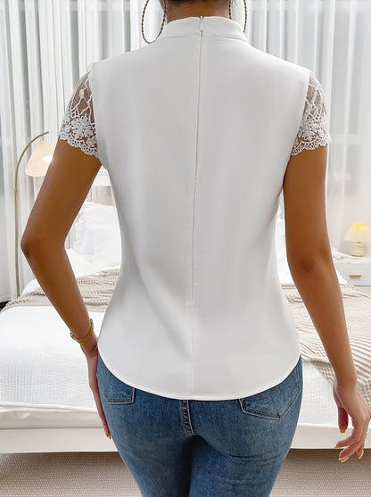 Lace Hollow Out Blouse - Exquisite Lace Trim, Short Sleeve, Breathable Design, Perfect for Spring and Summer - Womens Stylish and Comfortable Clothing