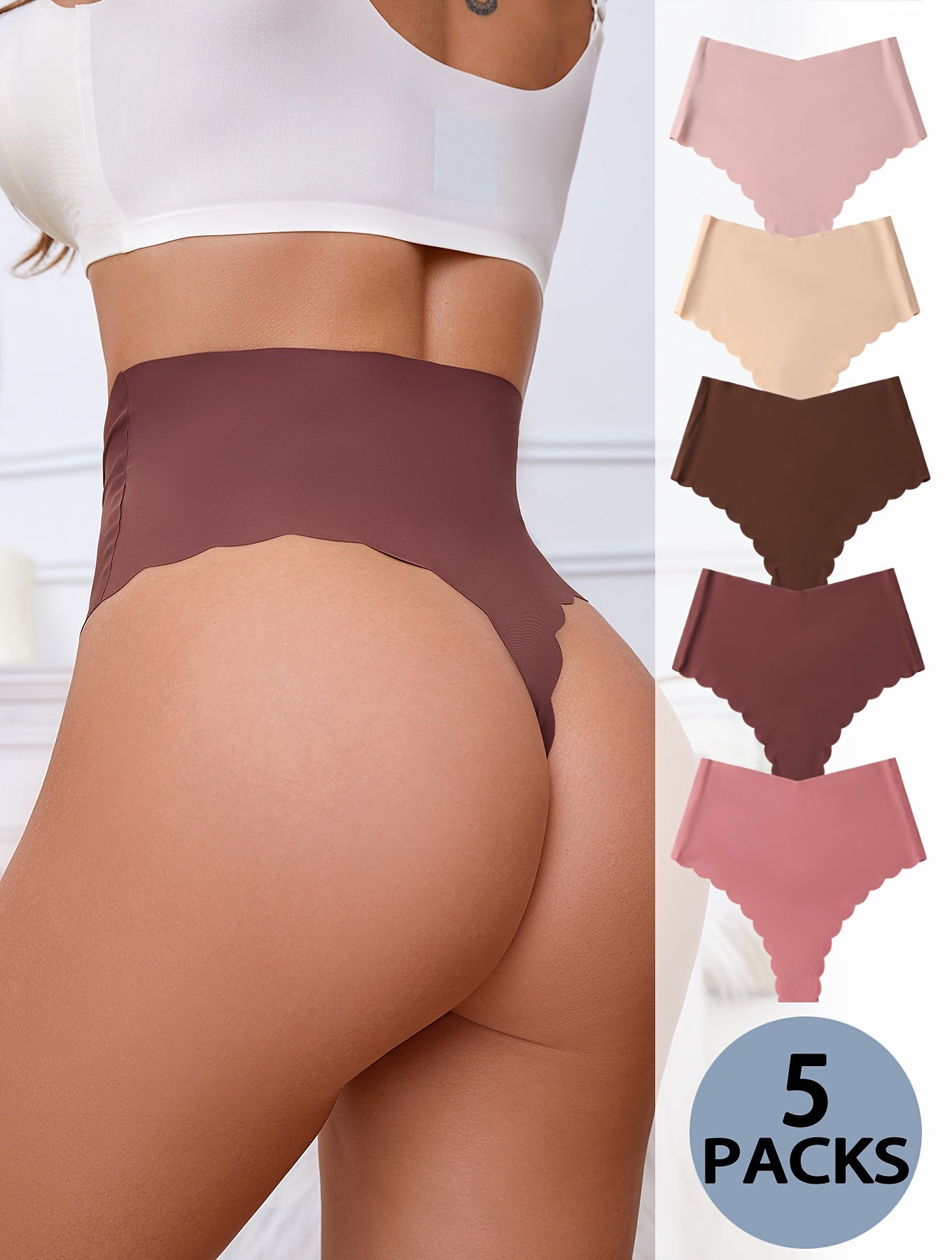 High-Waisted Seamless Scallop Trim Thongs - 5-Pack - LuxyXO