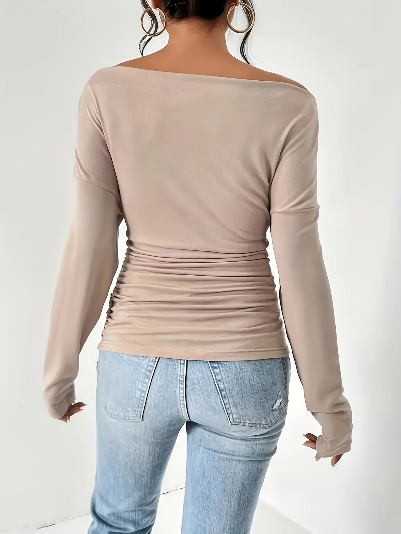 Blusa elegante de mujer con cuello asimétrico, fruncida, de manga larga y versátil para primavera y otoño