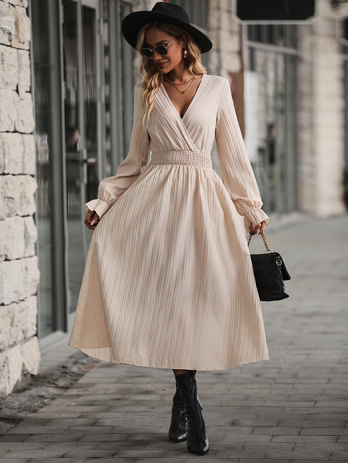 Elegante vestido midi con escote en V para mujer, color liso, cintura fruncida con detalle de cinturón, manga larga, lavable a máquina, perfecto para todas las estaciones