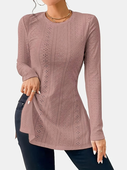 Blusa tipo túnica de talla grande para mujer: camiseta de manga larga bordada con ojales, cuello redondo y dobladillo dividido, moderna y elegante; cómoda, elegante, perfecta para uso informal; diseñada para figuras con curvas