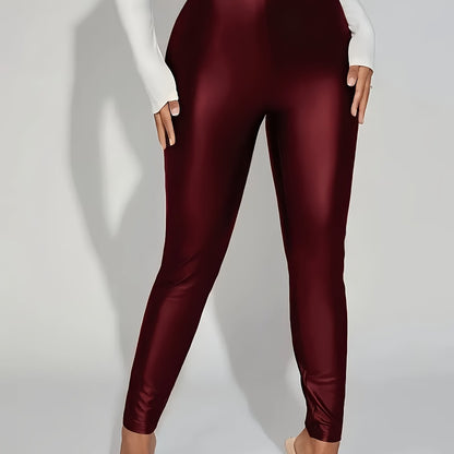 Plus Size Chic Faux Leather Leggings - Sleek, Stretchy & Comfortable, Solid Color Skinny Pants Casual Wear Leggings