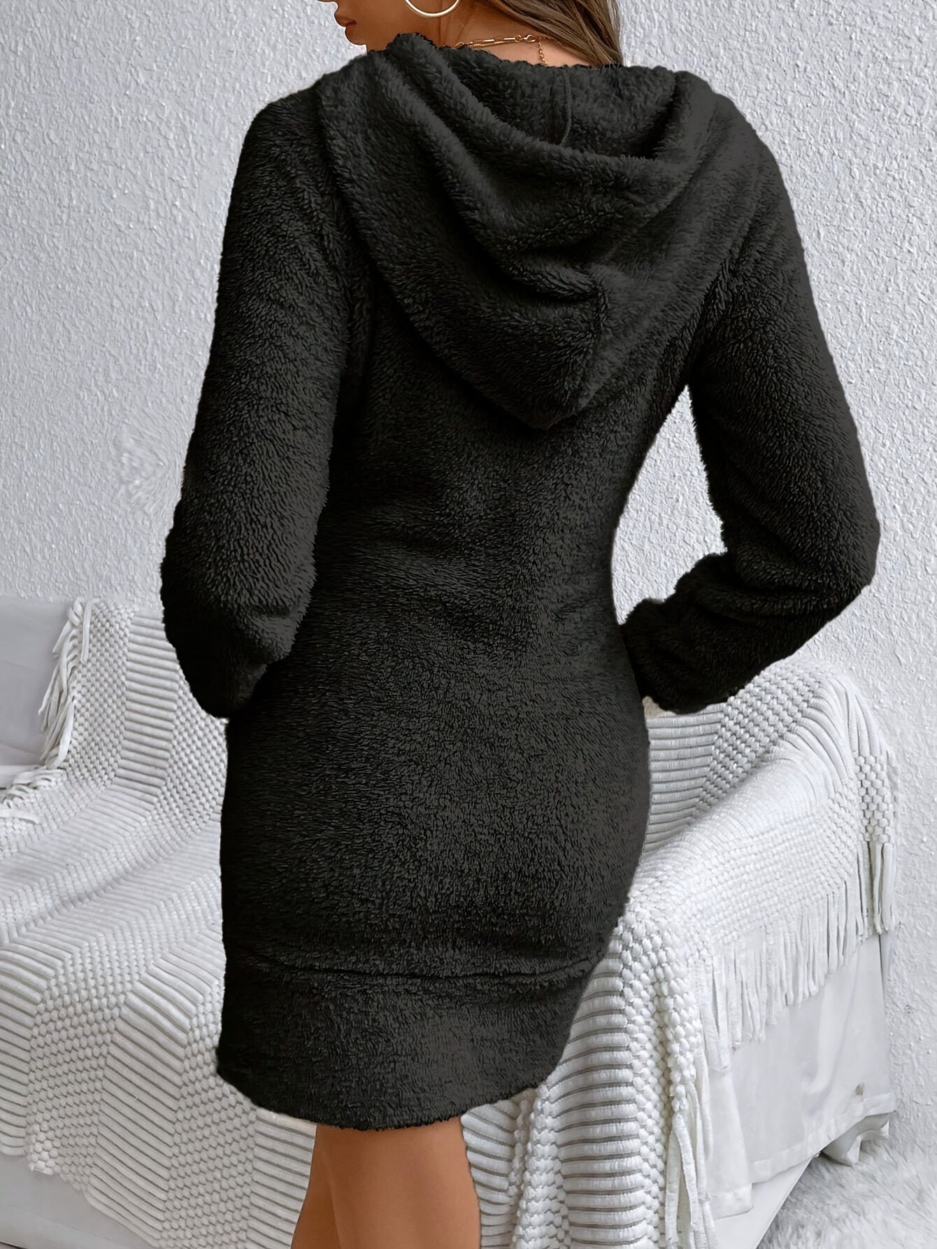 Vestido con capucha y cordón con bolsillos estilo canguro, vestido informal holgado de manga larga para otoño e invierno, ropa de mujer