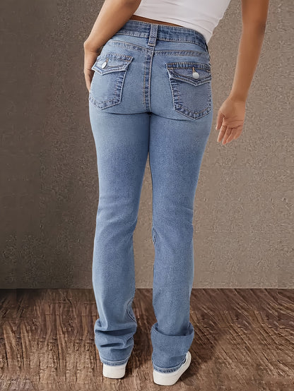 Woman wearing double button slim fit washed blue casual style denim pants with back pocket detail.