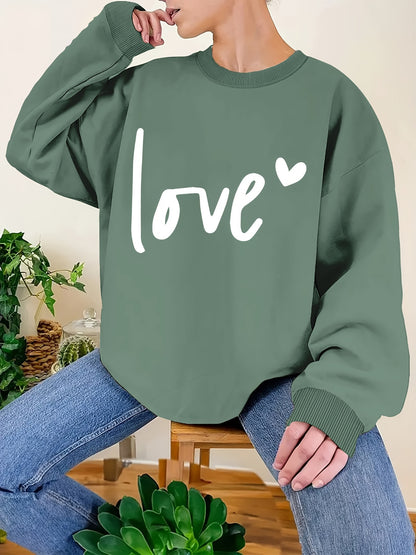 Plus Size Love Print Sweatshirt, Casual Long Sleeve Crew Neck Pullover Sweatshirt