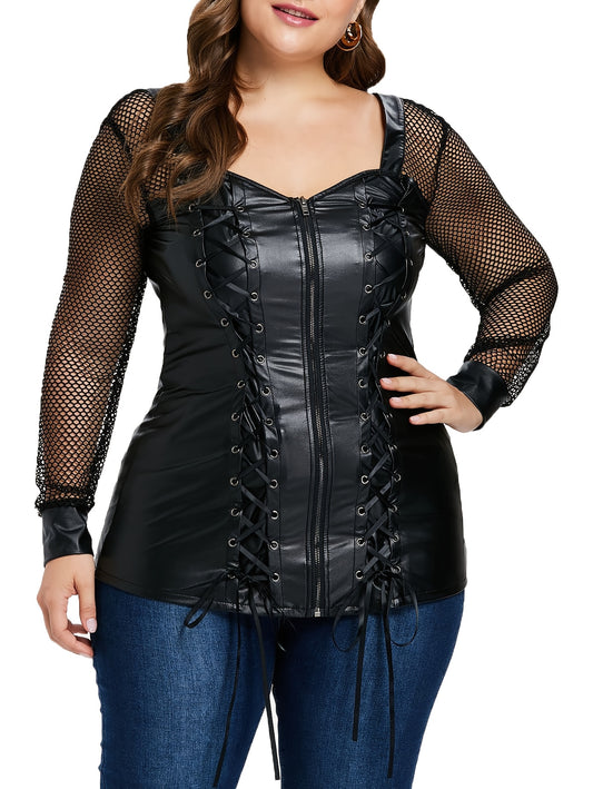 Women'S Plus Size Edgy Faux Leather Lace-Up Corset Top With Mesh Sleeves Gothic Punk Criss Cross Zip Up Top