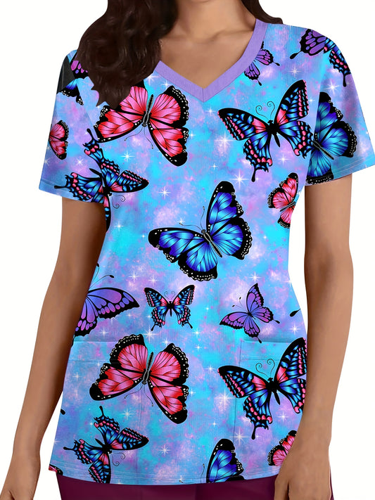 Blusa médica con cuello en V y estampado de mariposas para mujer con bolsillos funcionales - Uniforme sanitario informal de poliéster