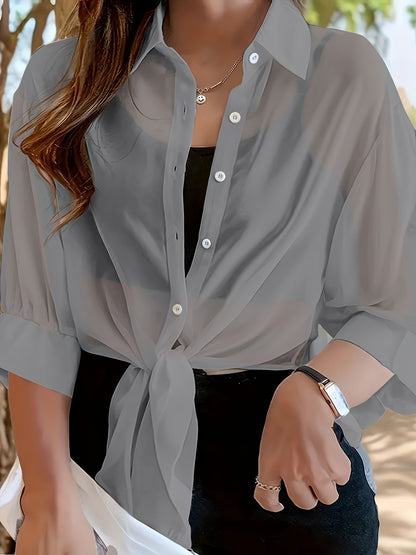 Plus Size Chic Solid Collared Blouse - Comfortable 3/4 Sleeves, Versatile Button Design - Perfect for Spring & Fall - Womens Fashionable Plus Size Wardrobe Staple