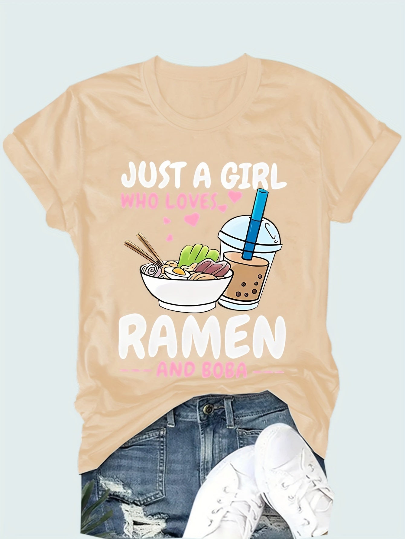 Camiseta de cuello redondo con estampado de ramen vibrante: camiseta de manga corta suave, transpirable e informal para primavera y verano: ropa de mujer de corte relajado para uso diario