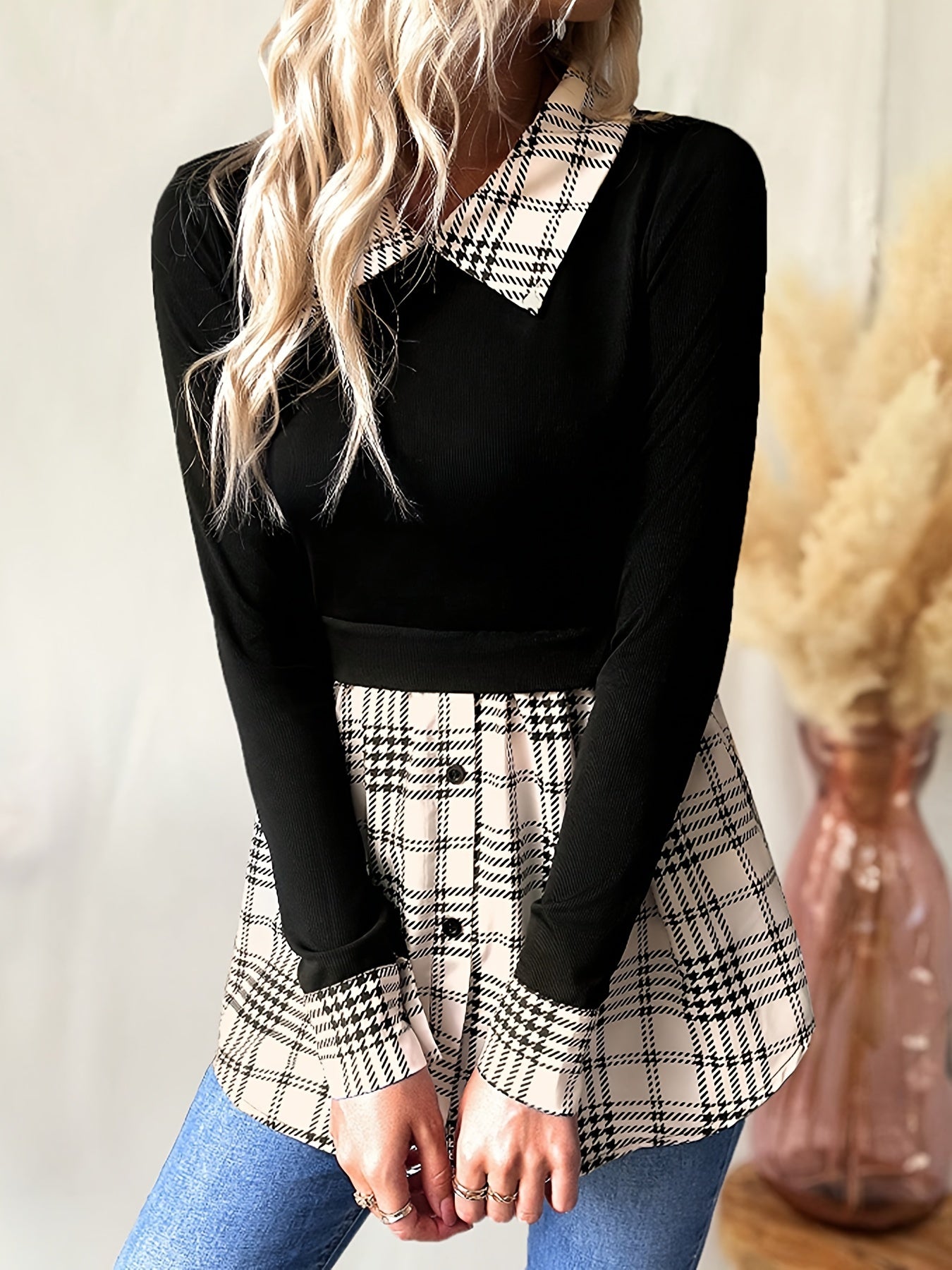 Elegant Long Sleeve Slim Collared 2-In-1 Plaid Chic Blouse