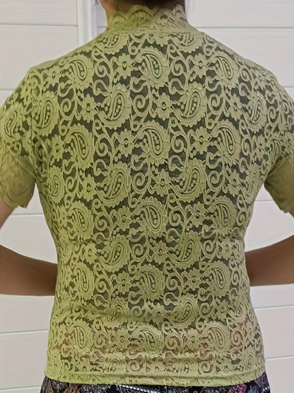 Blusa de encaje Paisley, elegante blusa de manga corta con cuello alto y color liso, ropa de mujer