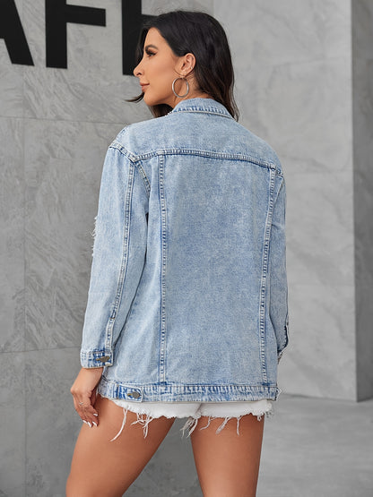 Stylish Blue Denim Jacket - Washed Long Sleeve Lapel Coat with Flip Pocket - Classic Women's Denim Wear for Casual Daily Life