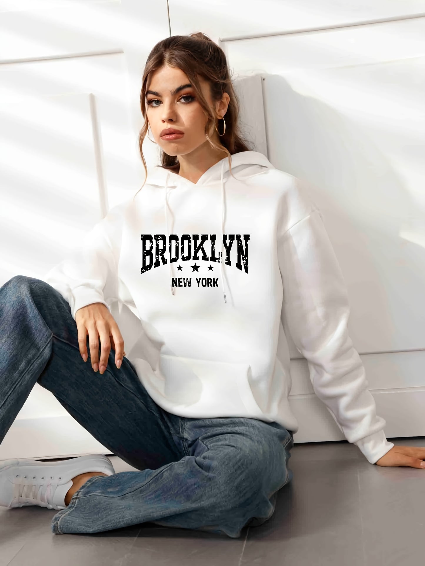 Trendy Letter Print Drawstring Sweater, Loose Kangaroo Pockets Long Sleeve Pullover Hoodies, Women's Sweatshirt