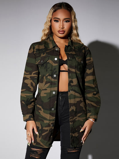 Abrigo elegante de camuflaje de talla grande para mujer: cuello de solapa de manga larga, largo midi con detalles de botones, mangas raglán, tejido ligeramente elástico