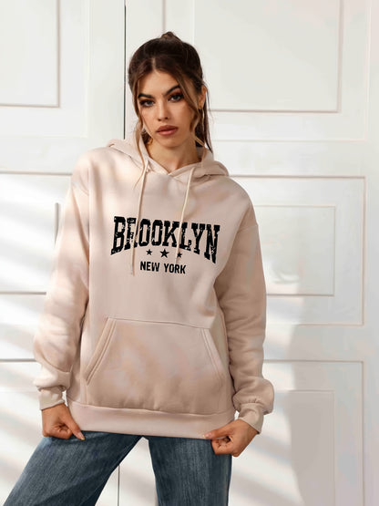 Trendy Letter Print Drawstring Sweater, Loose Kangaroo Pockets Long Sleeve Pullover Hoodies, Women's Sweatshirt