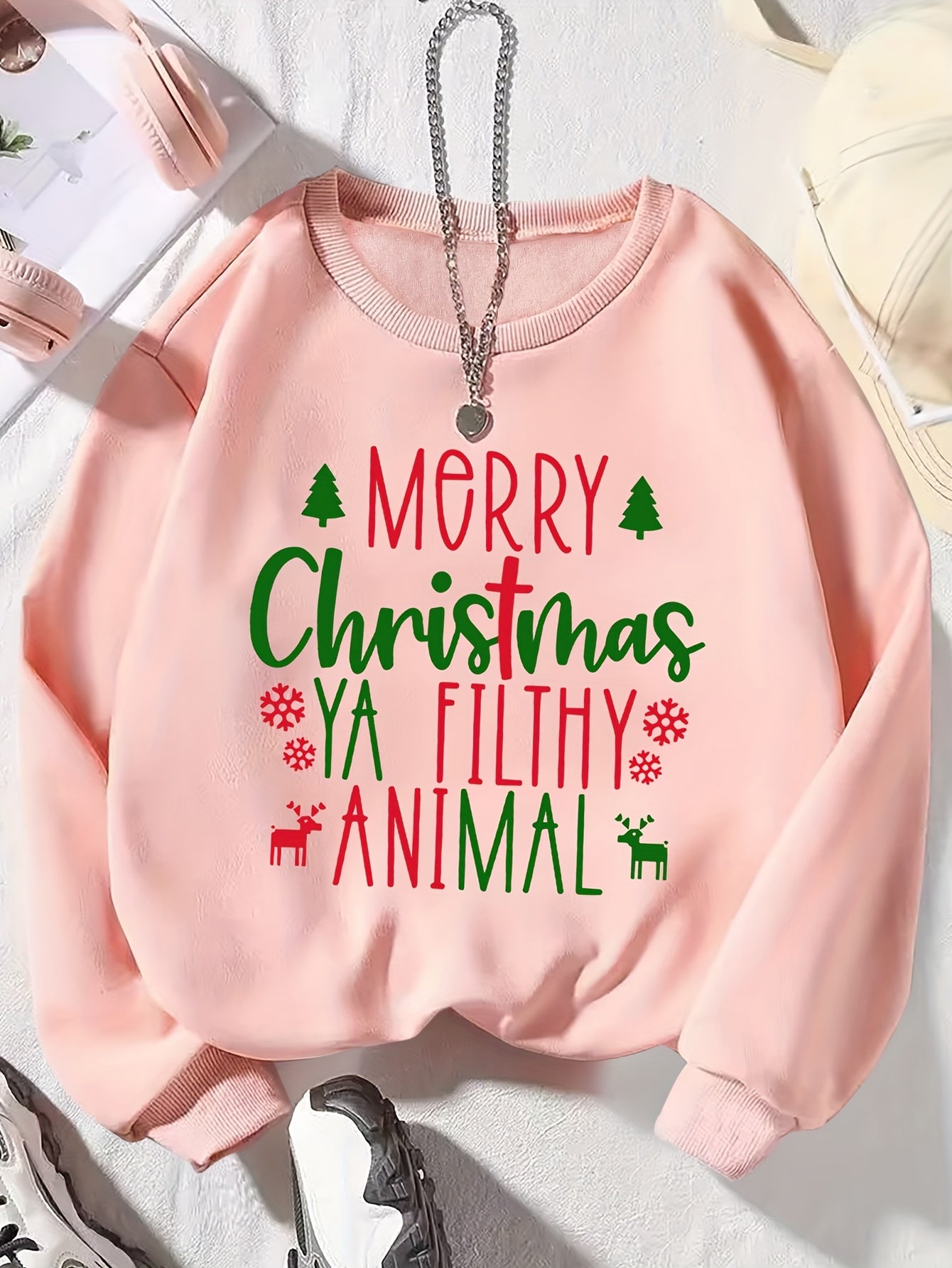 Cozy Holiday Graphic Sweatshirt for Women - Soft 100% Polyester Knitted Fabric, Long Sleeve Comfort Fit, Relaxed Crew Neck, Vibrant 'Merry Christmas Ya Filthy Animal' Print, Perfect for Fall and Winter Season Casual Wear