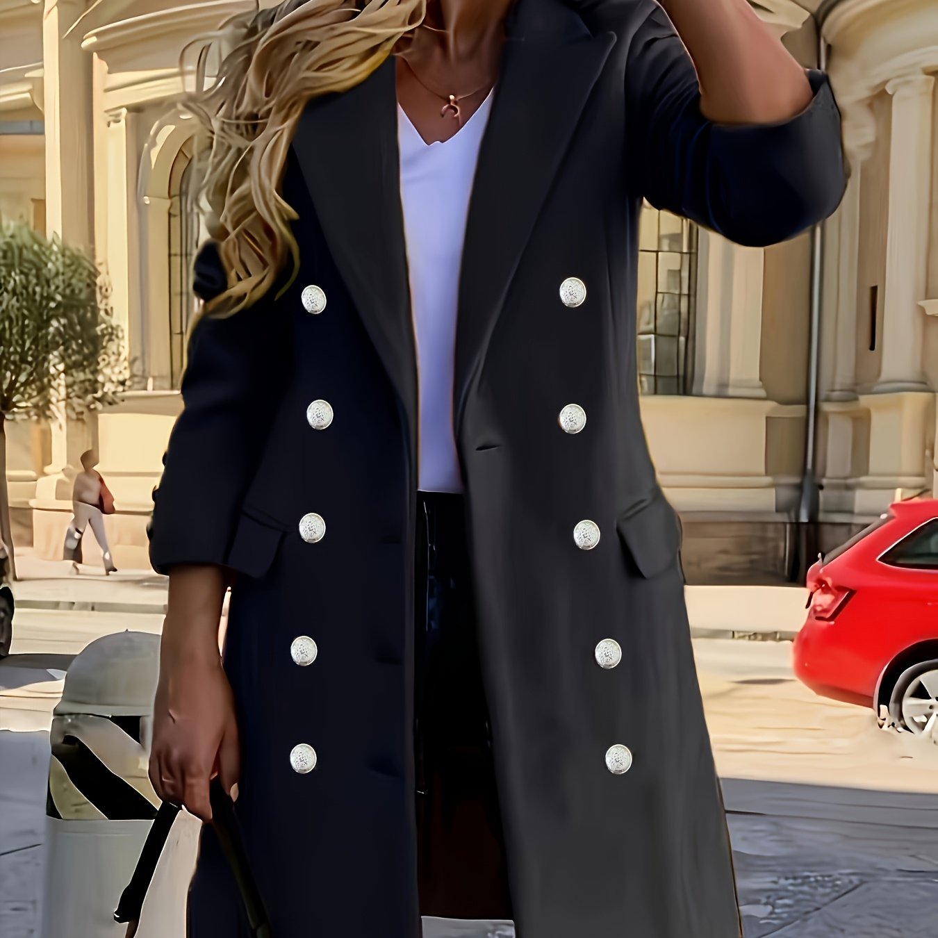 Double-breasted Notched Collar Coat, Elegant Long Sleeve Coat For Fall & Winter, Women's Clothing