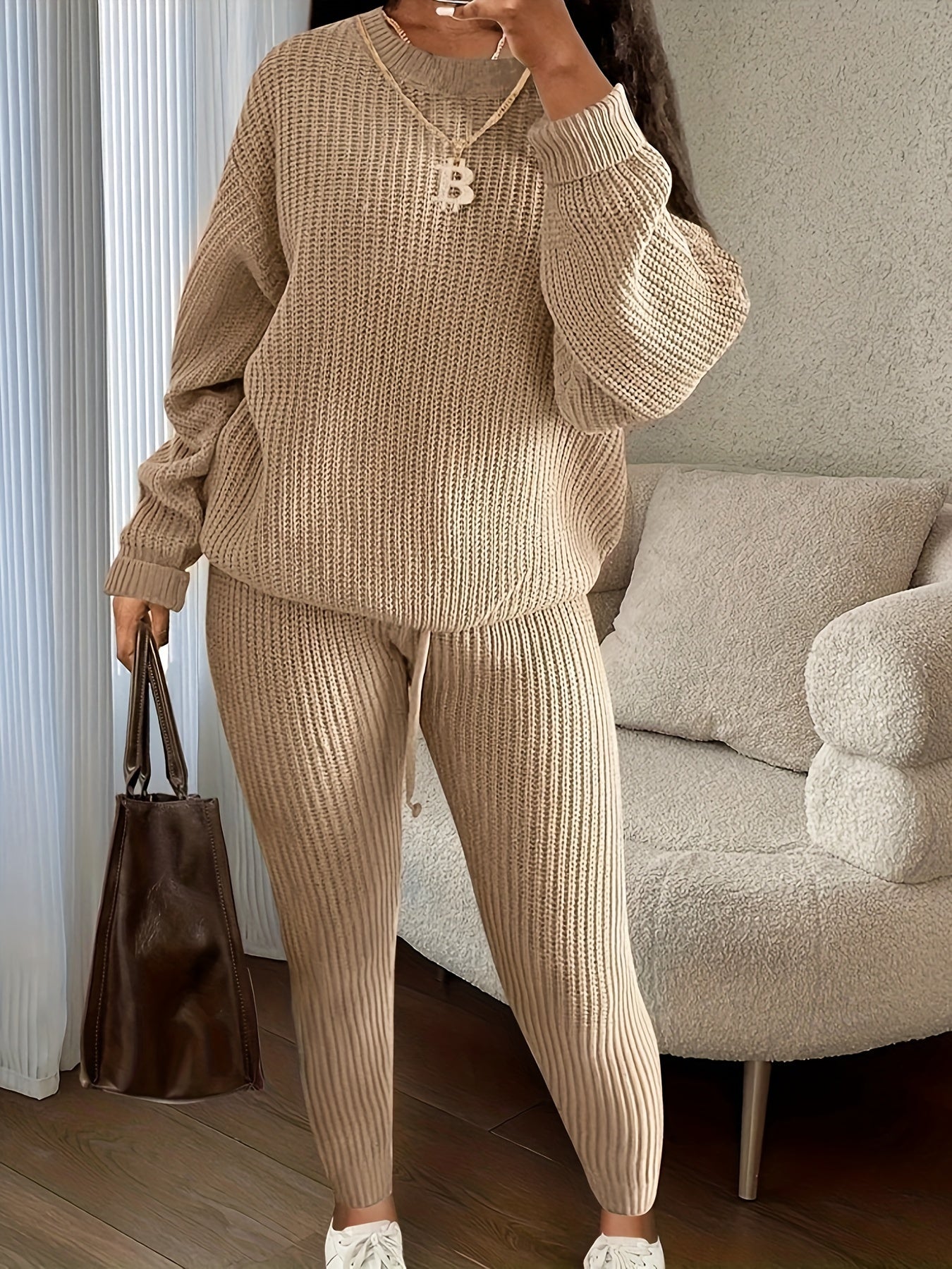 Hot Selling New Fashion Casual Knitted Suit Soft and Comfortable Long Sleeve Long Pants Suit Loose Women's Fleece Suit