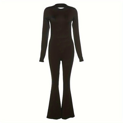 Black Simple Casual High Elastic Tight Sexy Backless Long-Sleeved Straight-Leg Wide-Leg Jumpsuit