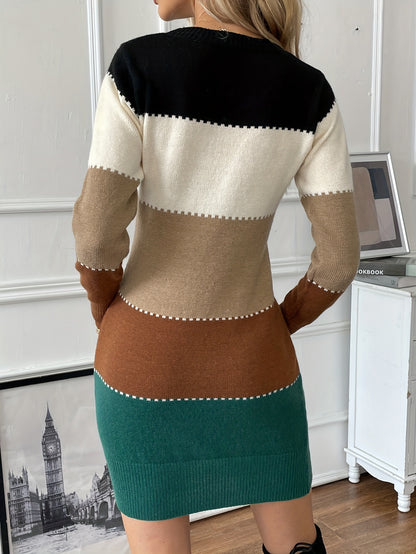 Vibrant Color Block Dress - Flattering Long Sleeves for a Chic Look, Classic Crew Neck Design for a Timeless Appeal, Sophisticated and Refined Silhouette - Perfect for Modern Women Who Appreciate Style and Comfort