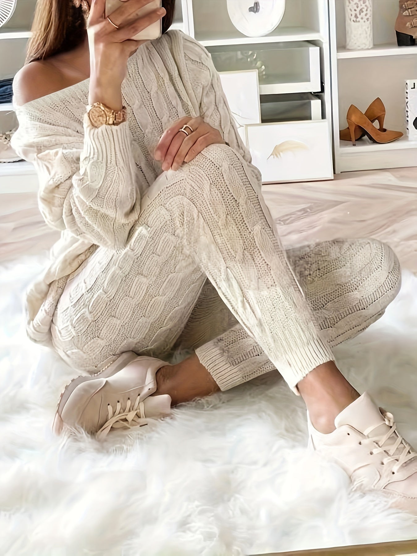 Solid Knitted Matching Two-piece Set, Casual Long Sleeve Sweater & Pants Outfit