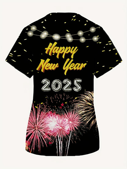 1pc 2025 Happy New Year Fireworks Design Women'S V-Neck Short Sleeve Top, Casual Comfort Medical Scrub with Pockets, Color Block Knit Polyester Fabric, All-Season Nurse Uniform