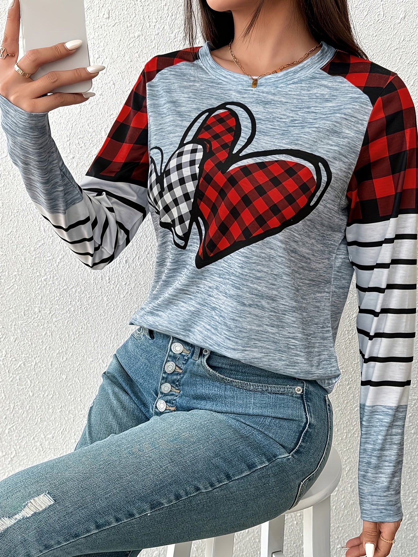 Plaid & Heart Print T-shirt, Casual Long Sleeve Crew Neck Top