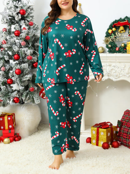 Conjunto de pijama navideño de talla grande para adultos: tejido de punto informal, manga larga, poliéster, estampado navideño de copos de nieve y bastones de caramelo, ropa de dormir acogedora para otoño/invierno