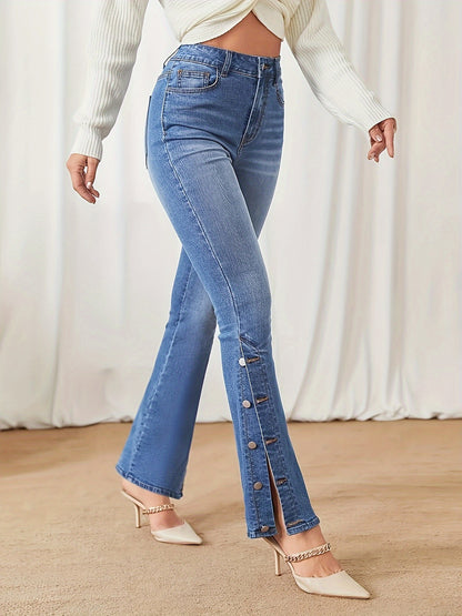 Plus Size Whisker Flare Leg Denim Pants - Stylish Split Side Buttons, Comfortable High-Waisted Jeans for Women - Fashionable Clothing for Curvy Figures