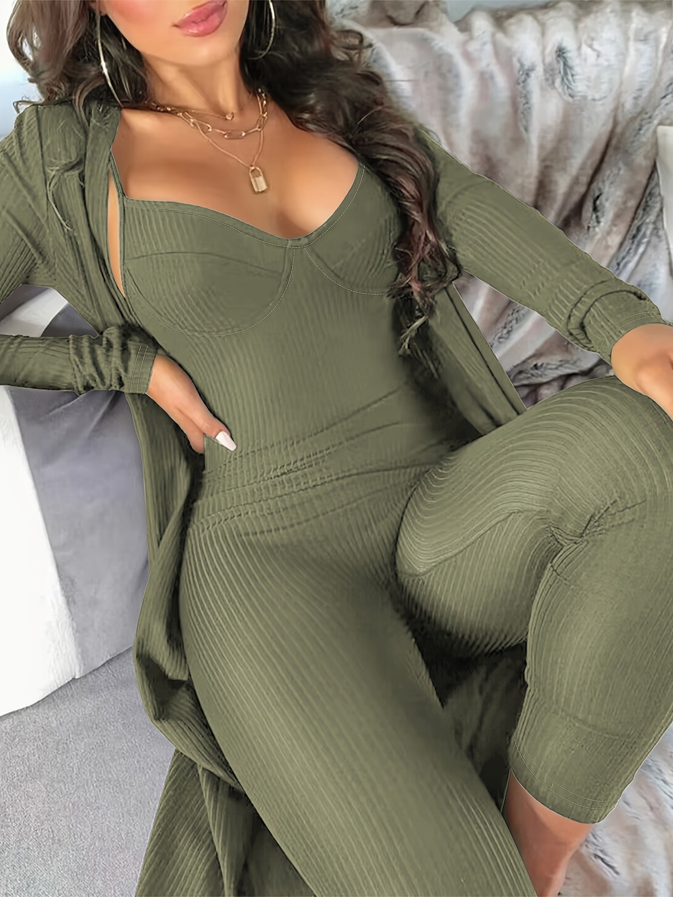 Women's Mature Solid Ribbed Lounge Set, Long Sleeve Longline Cardigan & Plunging Neck Slim Fit Cami Jumpsuit, Comfortable Relaxed Fit For Fall & Winter