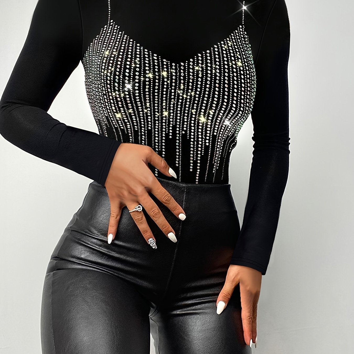 1pc Elegant High Neck Long Sleeve Top, Polyester Knit Fabric, Solid Color, Rhinestone Embellished, Regular Length, Fall/Winter Collection