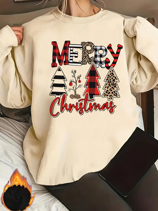 Cozy Fleece-Lined Christmas Sweatshirt for Women - Festive Graphic Print, Casual Crew Neck Pullover, Perfect for Fall & Winter