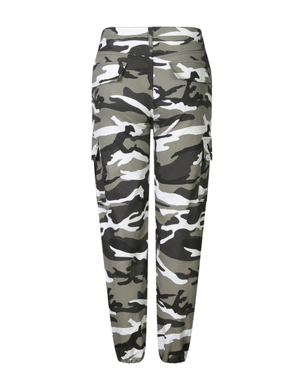 Women's Plus Size Camo Cargo Pants - Stretch Denim with Flap Pockets, Casual Streetwear Style, Machine Washable