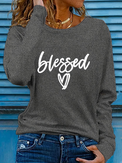 Women'S "Blessed" Heart Applique Long Sleeve Sweatshirt, Regular Fit