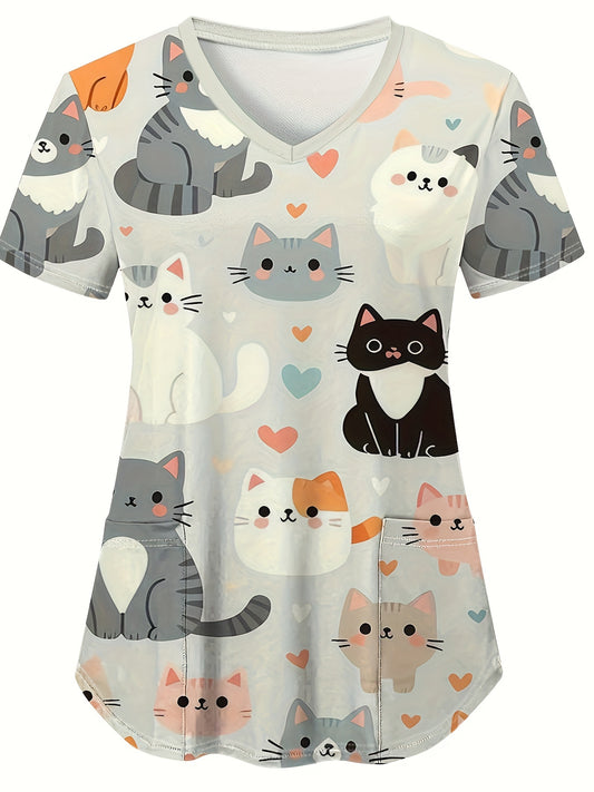 Uniforme de enfermera de manga corta con cuello en V y estampado de gato de dibujos animados: tela de poliéster suave, patrón de animal lindo, diseño de bolsillo cómodo, adecuado para las estaciones de primavera, verano y otoño