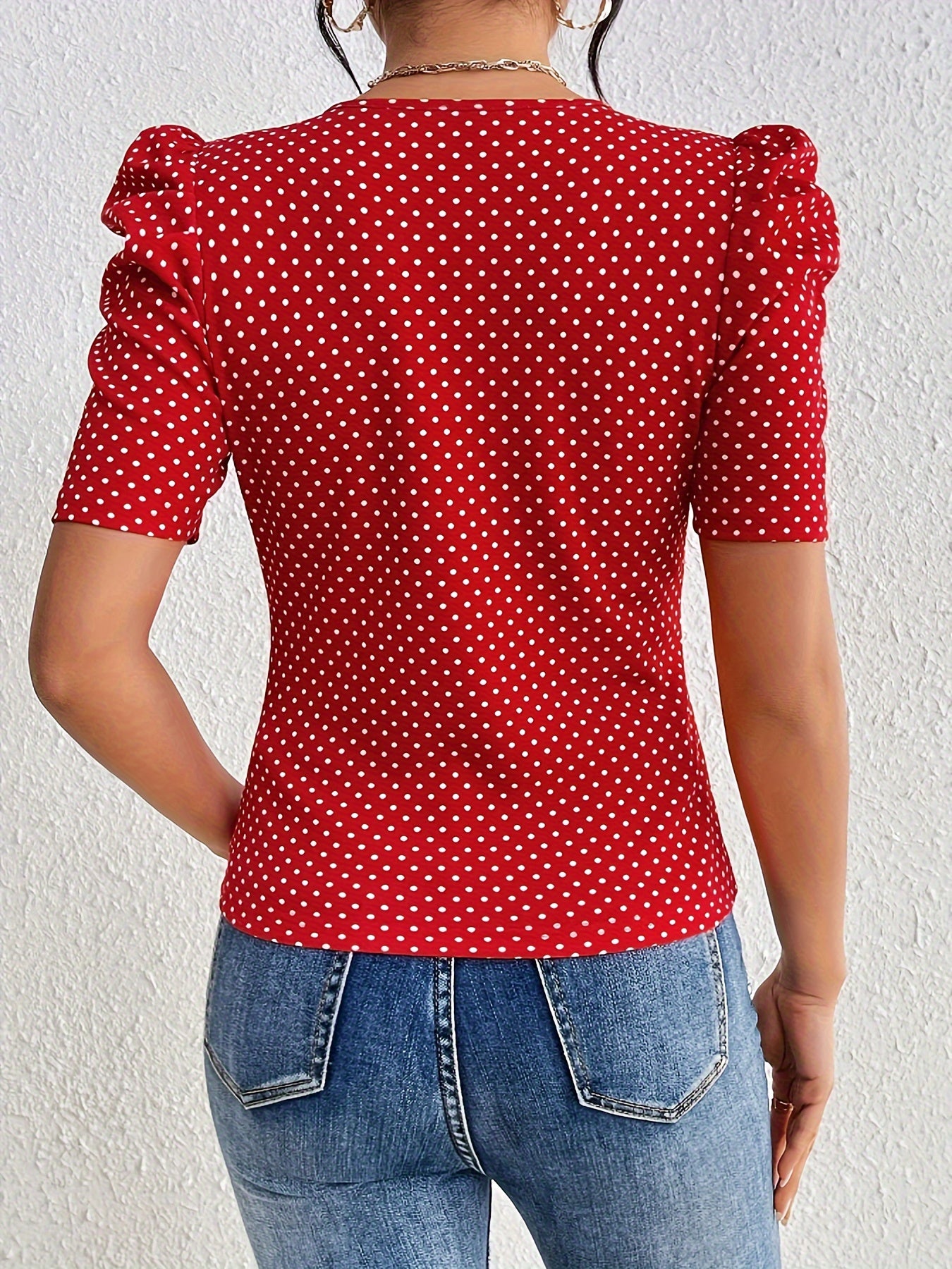 Allover Print V-neck Blouse, Vintage Puff Sleeve Blouse For Spring & Summer, Women's Clothing