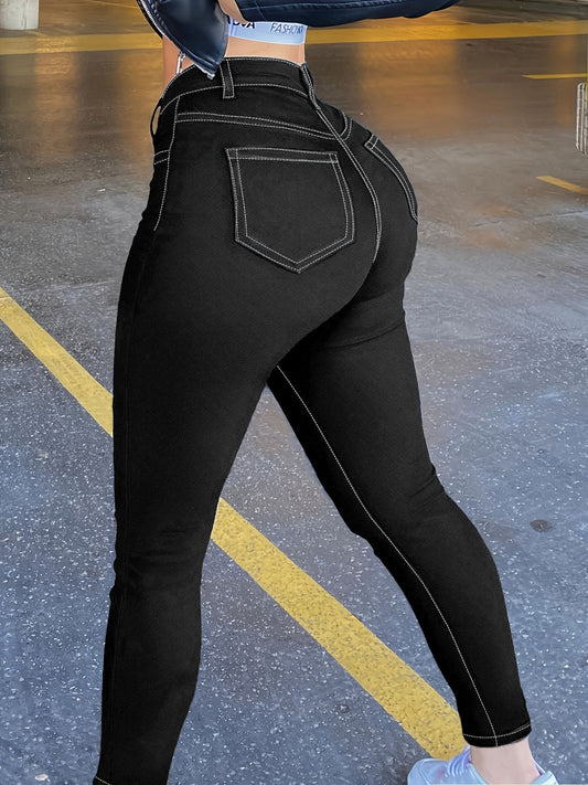 Plus Size Women's Skinny Fit Jeans - Versatile, Sexy, and Comfortable Denim Pants with Stretchy Fabric, Five-Pocket Design, and Classic Black Color - Perfect for Daily Wear, Dating, and Night Out