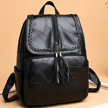 Casual PU Leather Backpack with Tassel Detail - Fashionable Lightweight Daypack