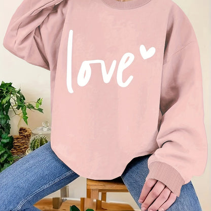 Plus Size Love Print Sweatshirt, Casual Long Sleeve Crew Neck Pullover Sweatshirt