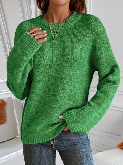 Elegant Solid Color Crew Neck Sweater for Women - Cozy Acrylic Knit, Perfect for Fall/Winter Layering