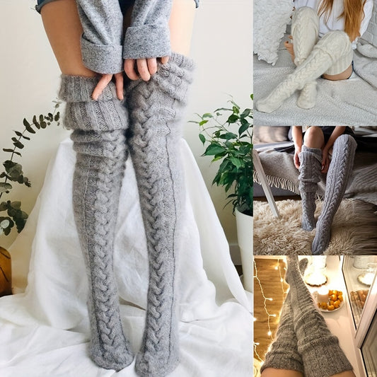 2 pares de calcetines hasta la rodilla para mujer, gruesos y cálidos, de punto para invierno, con forma de masa frita, calcetines de pila, regalo de Navidad blanco