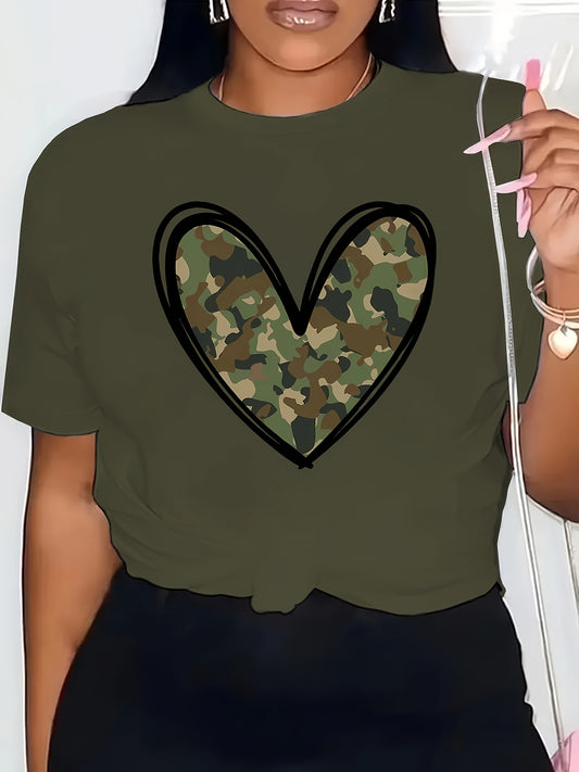 Camiseta de cuello redondo con estampado de corazón y camuflaje vibrante: camiseta de manga corta suave y transpirable para primavera y verano: ropa informal de mujer para uso diario